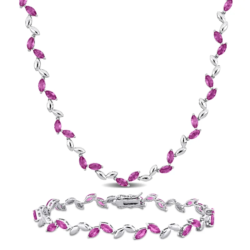 Ladies love bracelets-Miadora 29 7/8ct TGW Created Pink Sapphire Leaf Neckace and Bracelet Sterling Silver-17 + 7.75 in