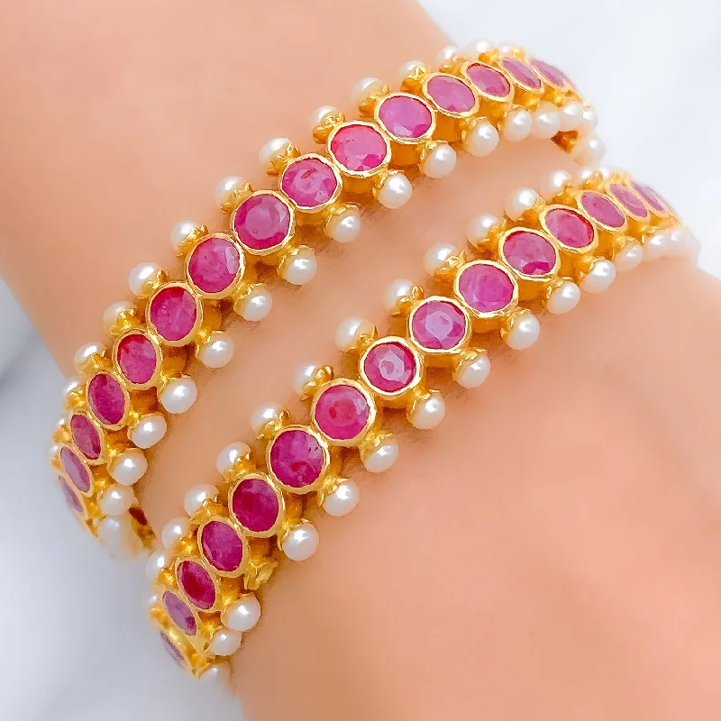 Ladies engraved bracelets-Elegant Pearl + Ruby 22k Gold Bangles