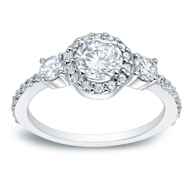 Ladies modern engagement rings-Auriya Platinum 1 1/4ctw Round 3-Stone Halo Diamond Engagement Ring