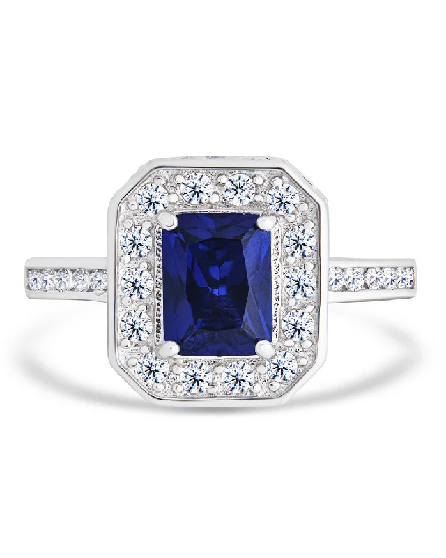 Ladies sterling silver rings-Sterling Silver Emerald Cut Sapphire CZ Cocktail Ring