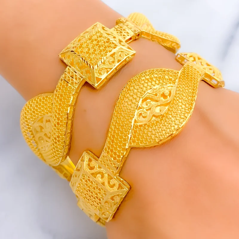 Ladies gold cuff bracelets-Golden Elegant Netted 21k Gold Bangles