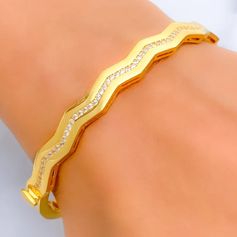 Ladies thick bangles-Ethereal Wavy 21k Gold CZ Bangle Bracelet