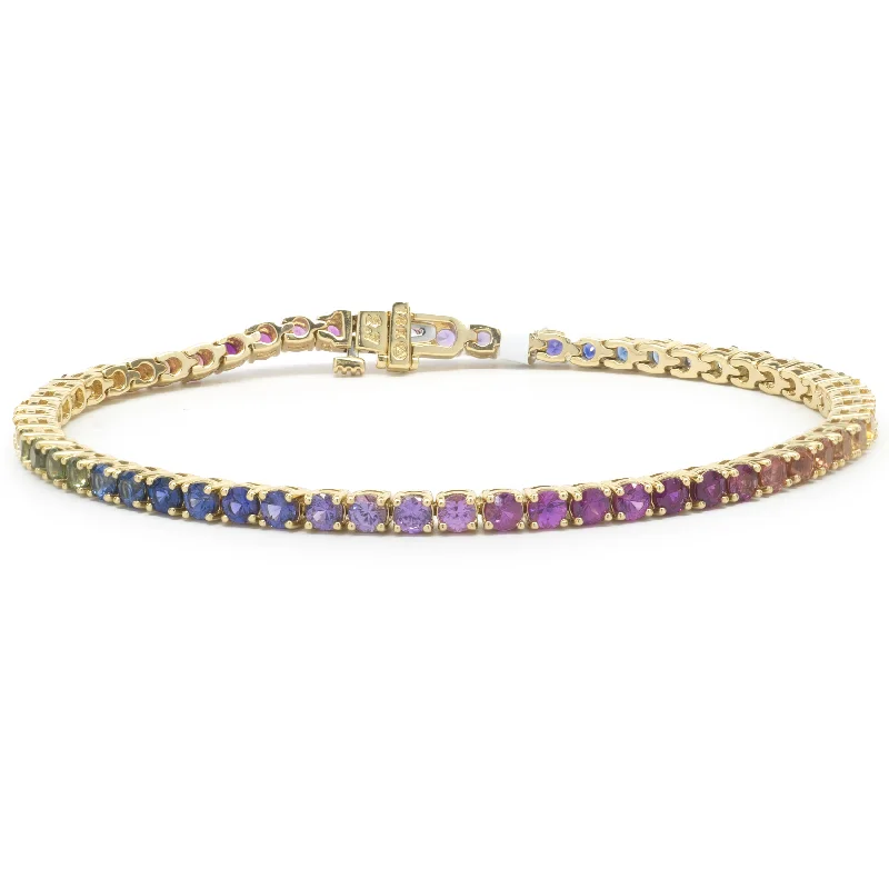 Ladies pearl bracelets-18 Karat Yellow Gold Rainbow Sapphire Tennis Bracelet