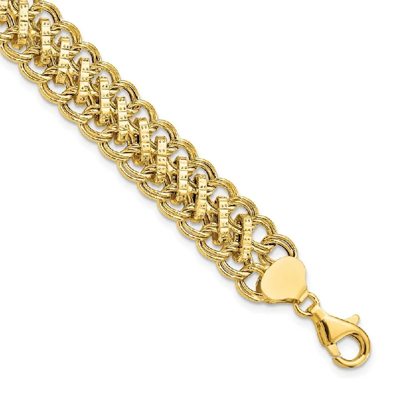 Ladies stackable gold bracelets-14k Yellow Gold 13mm Textured Fancy Link Bracelet, 7.75"