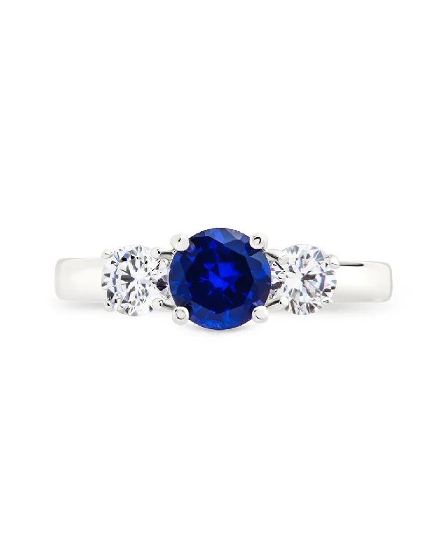 Ladies solitaire rings-Sterling Silver Sapphire CZ Three Stone Ring