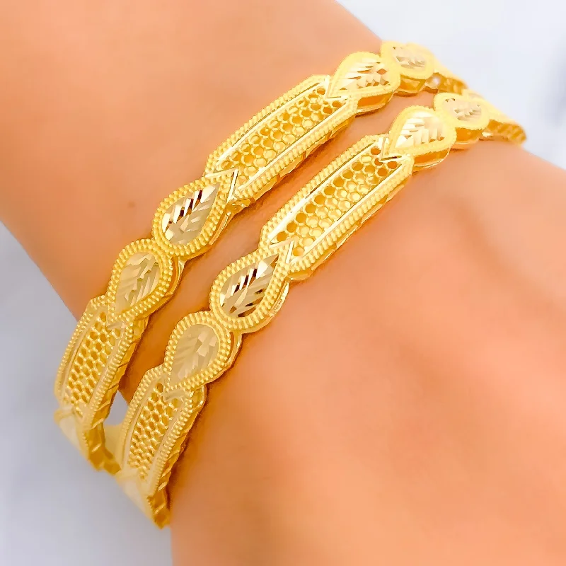 Ladies birthstone bracelets-Luminous Glimmering Leaf 21k Gold Bangles