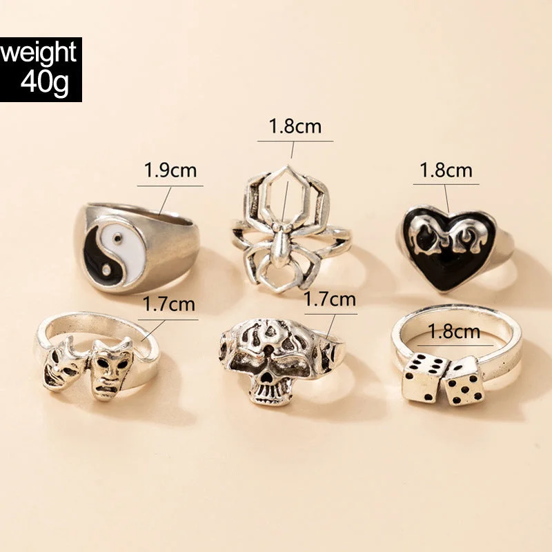 Ladies cocktail rings-European And American Fashion Jewelry Black And White Dripping Oil Tai Chi Love Spider Skull Headgear Personality 6-piece Ring