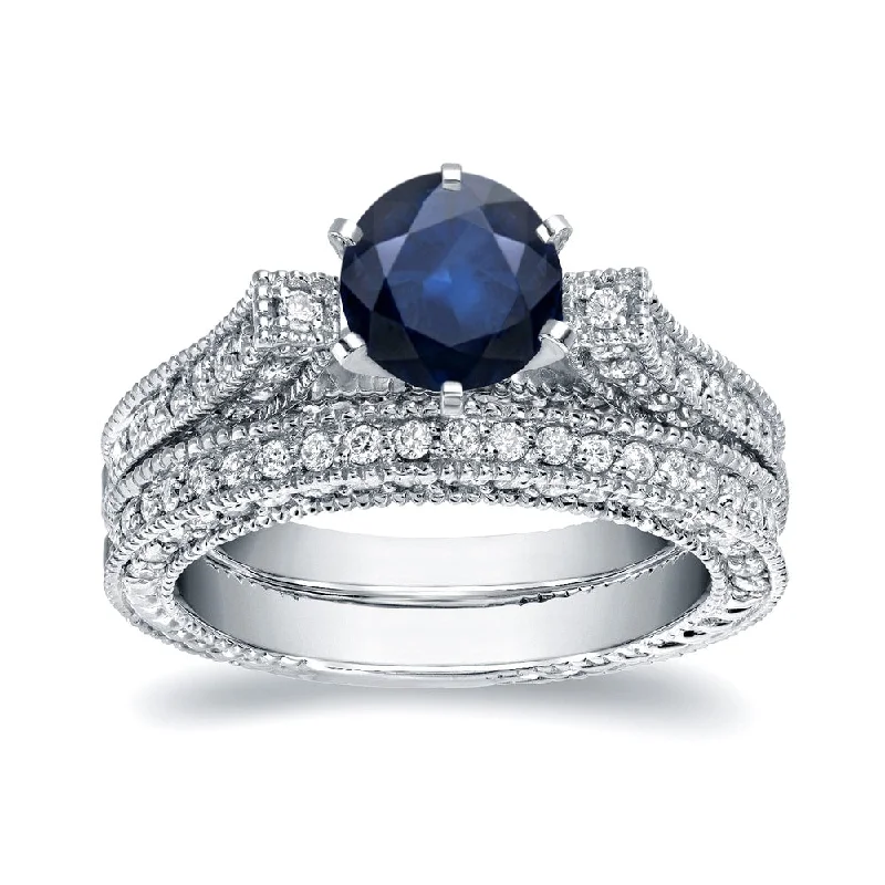 Ladies unique sapphire engagement rings-Auriya 14k Gold 1ct Vintage Sapphire and Diamond Engagement Ring Set 1ct TDW