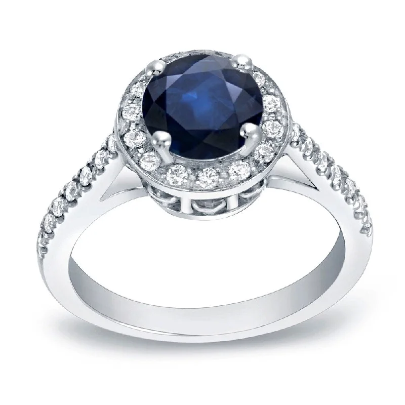 Ladies cushion-cut diamond engagement rings-Auriya Round 1 1/4ct Blue Sapphire and 1/3ctw Halo Diamond Engagement Ring 14K Gold