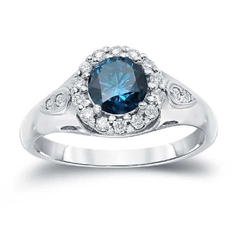 Ladies affordable diamond engagement rings-Auriya 1 1/4ctw Round Halo Blue Diamond Engagement Ring 14k Gold