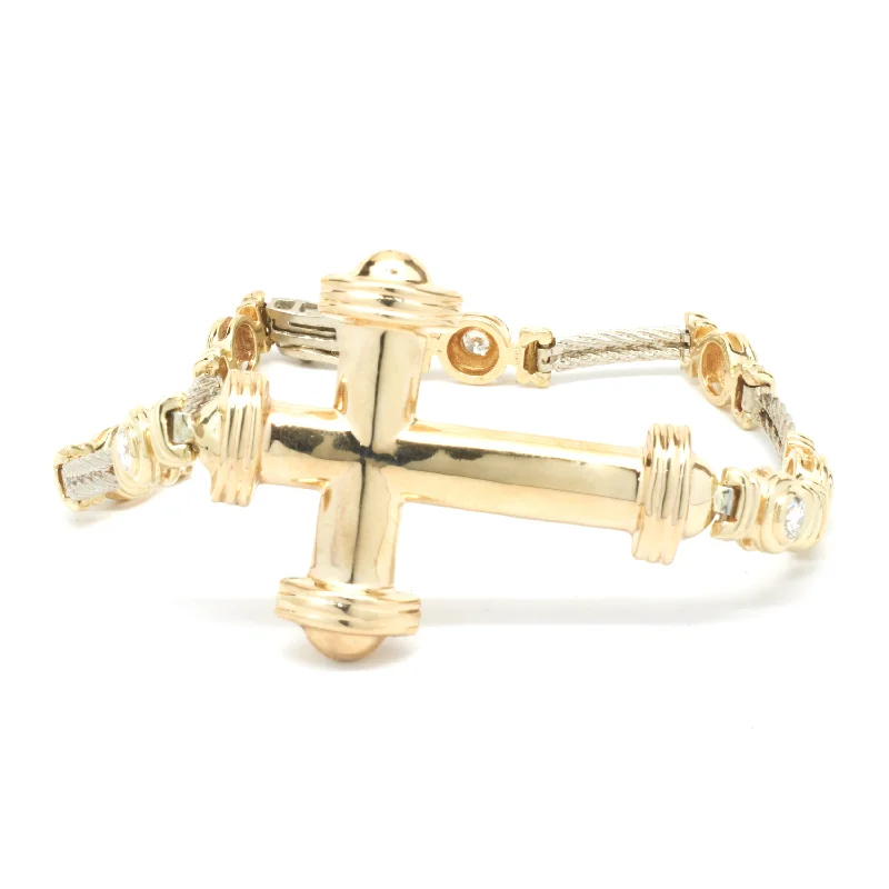 Ladies chunky gold bracelets-14 Karat Yellow and White Gold Bezel Set Diamond Cross Bracelet