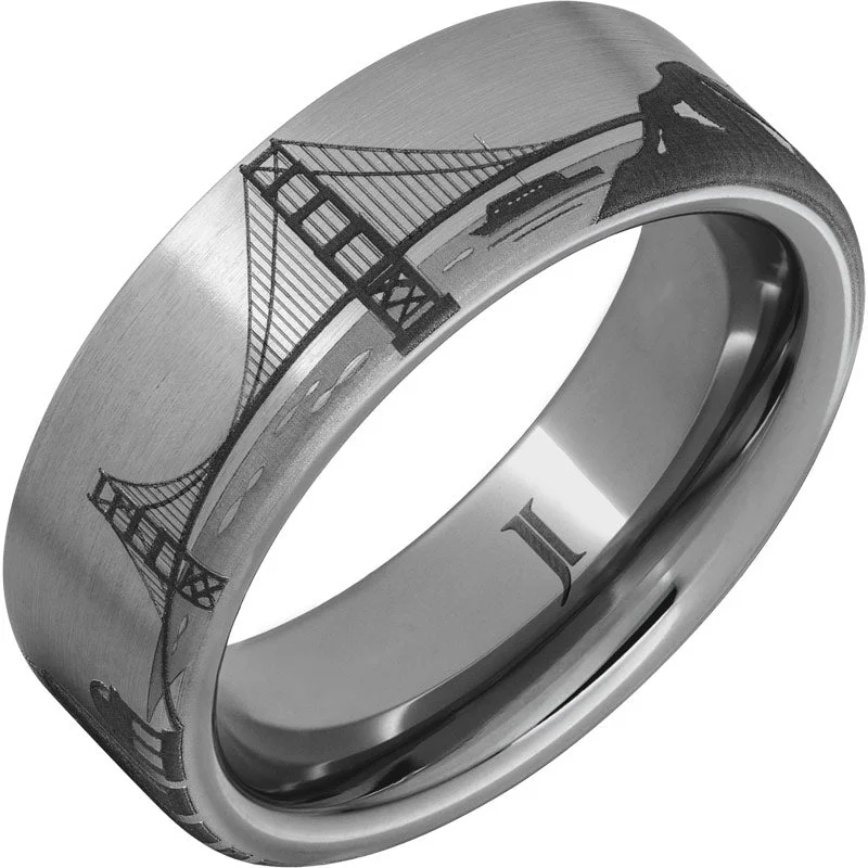 Ladies solitaire engagement rings-Rugged Tungsten™ Golden Gate Bridge Scene Ring