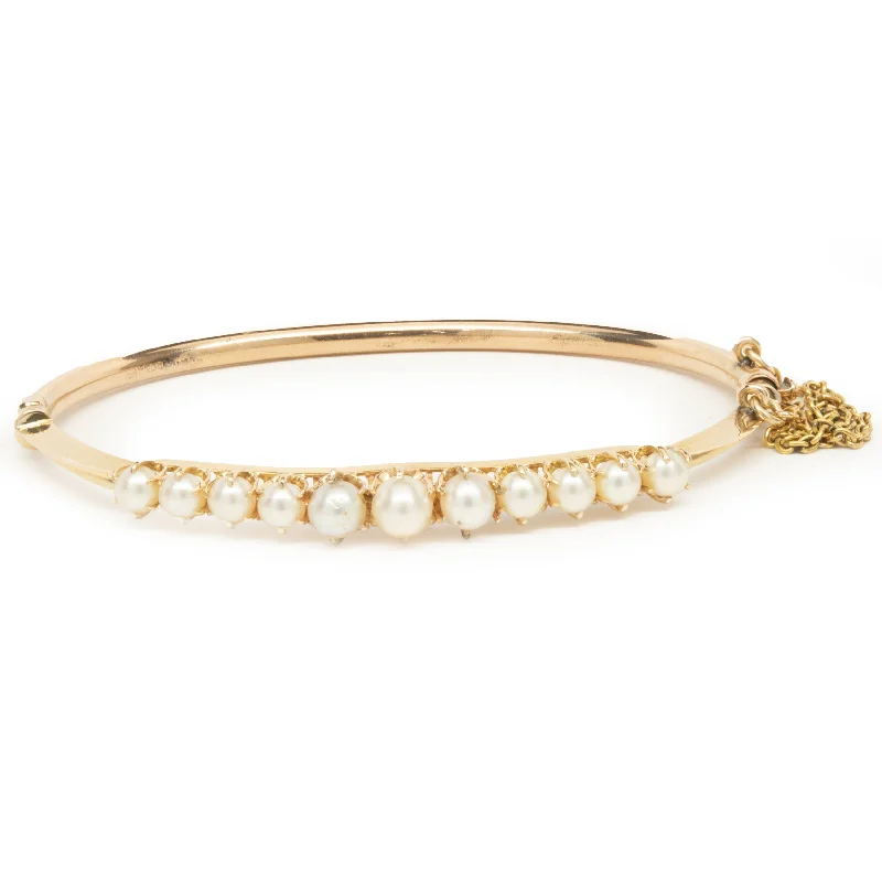 Ladies stretch bracelets-14 Karat Yellow Gold Vintage Pearl Bangle Bracelet