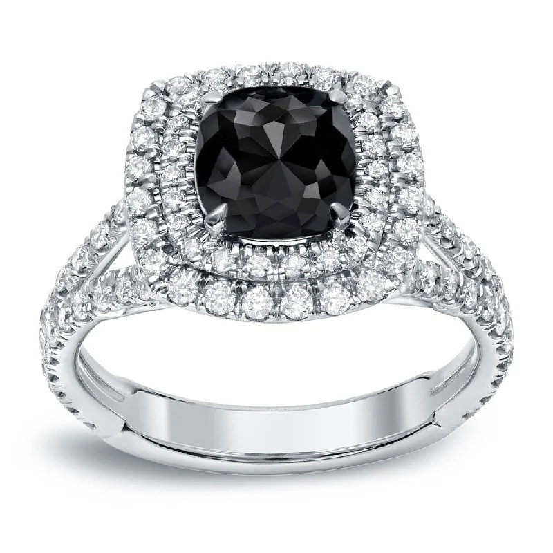 Ladies black diamond engagement rings-Auriya 18k Gold 2 1/4ctw Cushion-cut Double Halo Black Diamond Engagement Ring (H-I, SI1-SI2)