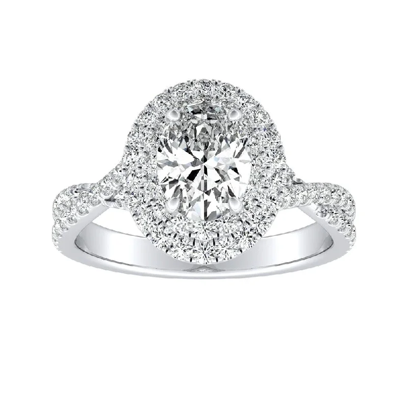 Ladies heart-shaped engagement rings-Twisted Oval Shape 1ctw Double Halo Diamond Engagement Ring 18k Gold by Auriya