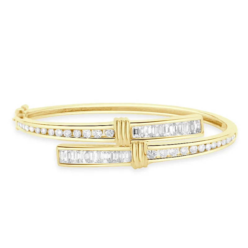 Ladies silver charm bracelets-14 Karat Yellow Gold Channel Set Diamond Bypass Bangle Bracelet