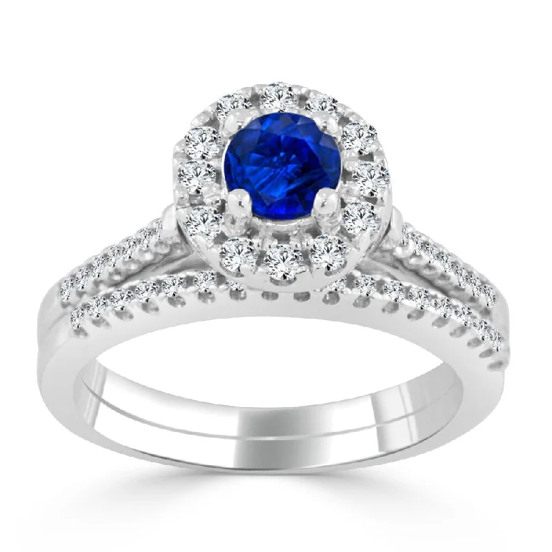 Ladies large diamond engagement rings-14k Gold 2/5ct Blue Sapphire and 1/3ct TDW Diamond Halo Engagement Ring by Auriya Set