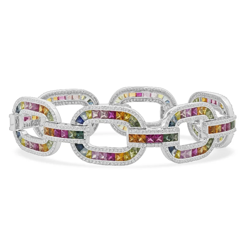 Ladies colorful stone bracelets-14 Karat White Gold Multi-Colored Sapphire and Diamond Oval Link Bracelet