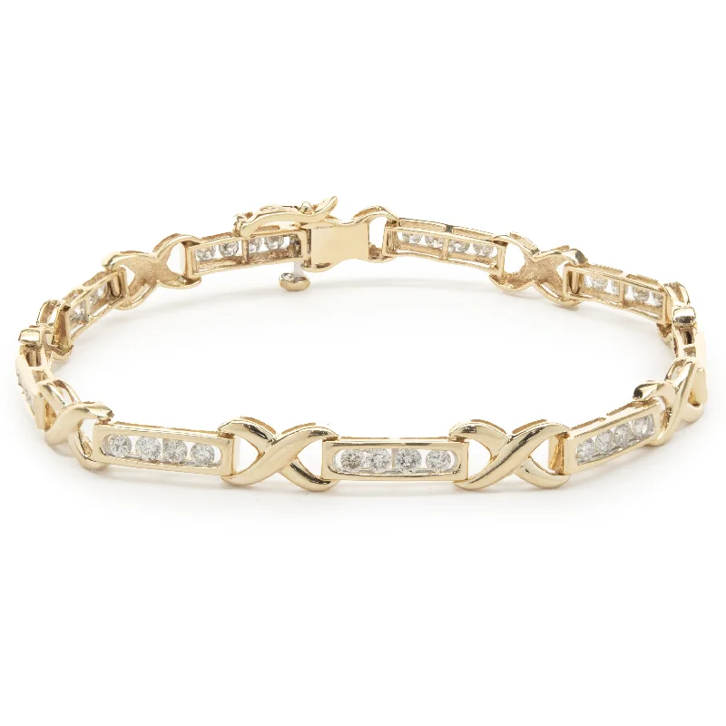 Ladies luxury charm bracelets-14 Karat Yellow Gold Channel Set Diamond X Tennis Bracelet