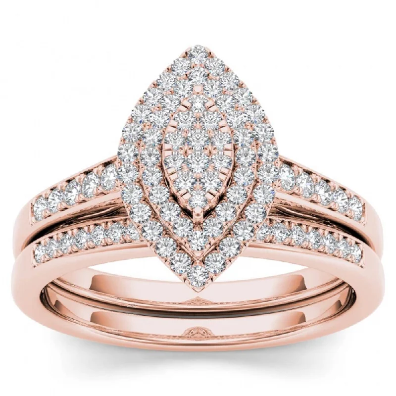 Ladies elegant vintage engagement rings-De Couer IGI Certified 14k Rose Gold 1/3ct TDW Diamond Marquise Shape Halo Engagement Ring Set