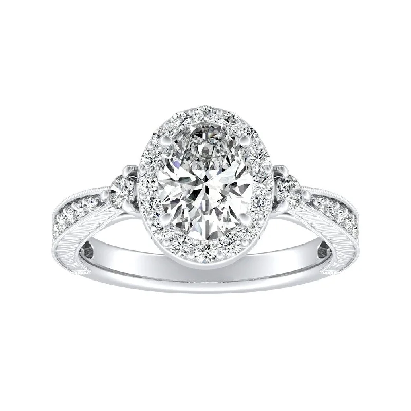 Ladies solitaire engagement rings-Vintage Oval Halo Diamond Engagement Ring 3/4ctw 18k Gold by Auriya (H-I, SI1-SI2)