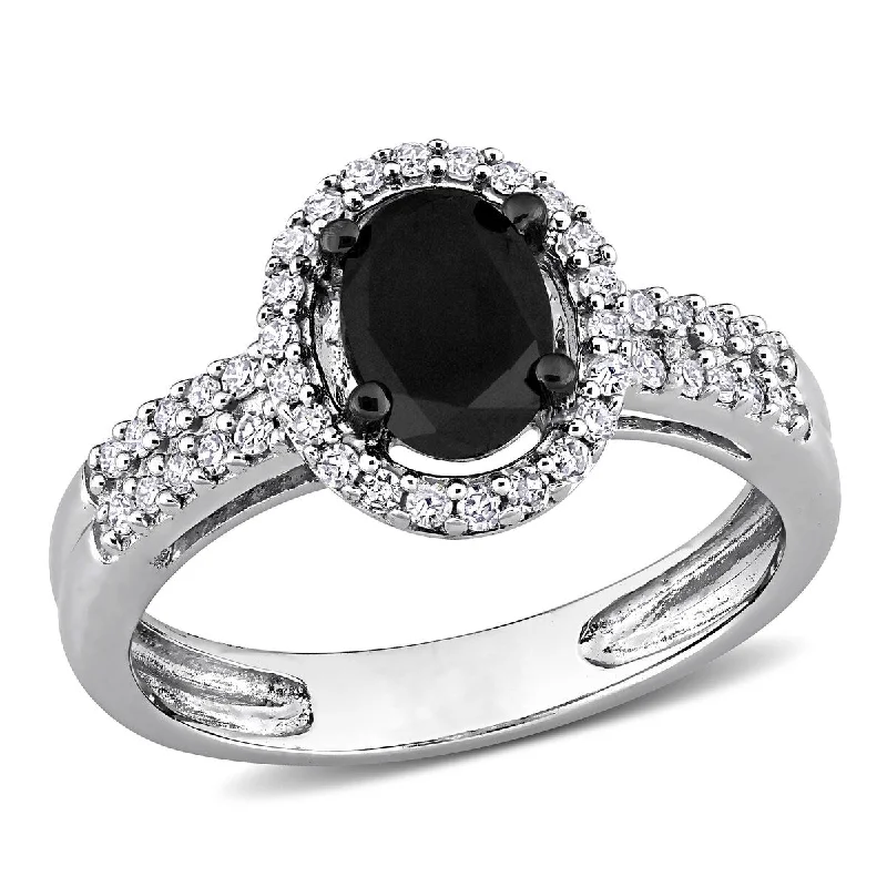 Ladies platinum three-stone engagement rings-Miadora 1ct TW Oval Round-Cut Black White Diamond Engagement Ring in 14k White Gold