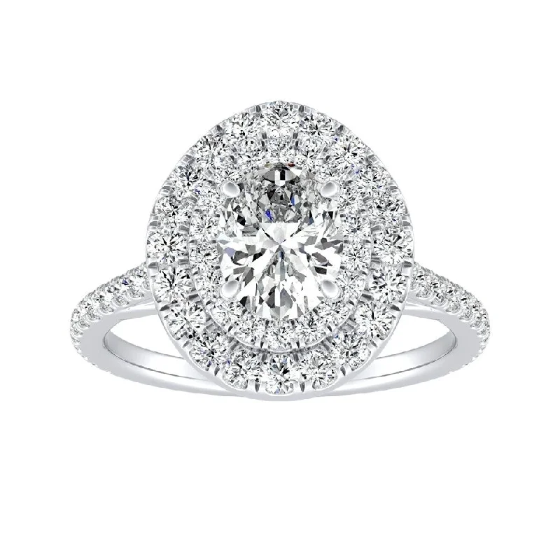 Ladies sapphire engagement rings-Oval Shape 1 carat TW Double Halo Diamond Engagement Ring Platinum by Auriya