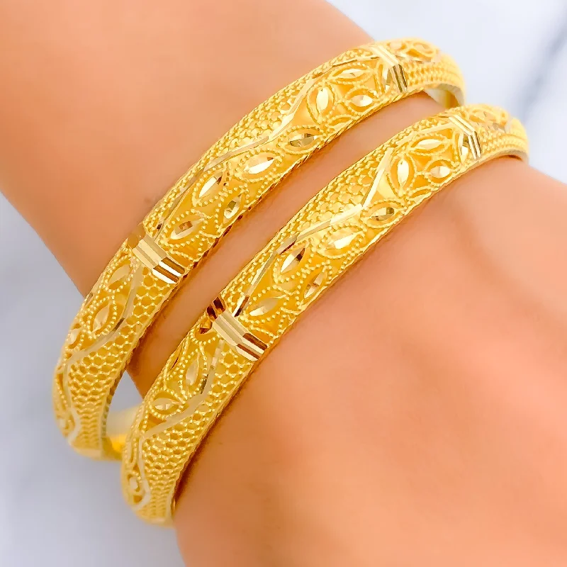 Ladies engraved bangles-Extravagant Leaf Adorned 21k Gold Bangles