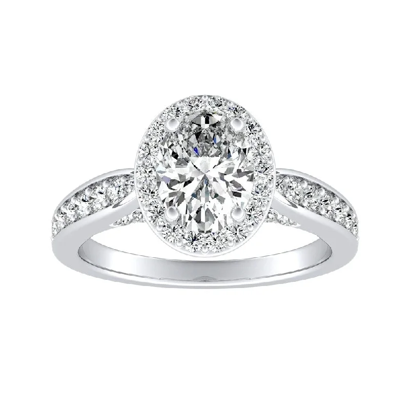 Ladies modern engagement rings-Modern Oval-cut Halo Diamond Engagement Ring 1cttw Platinum by Auriya