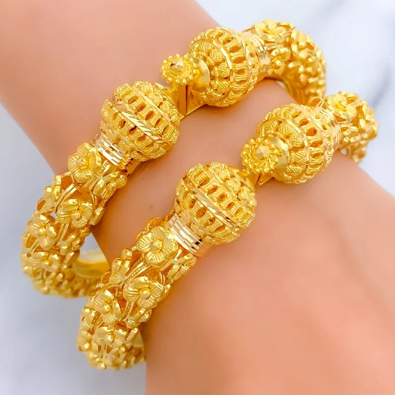 Ladies gemstone cuff bracelets-Extravagant Blooming Flower 22k Gold Pipe Bangles