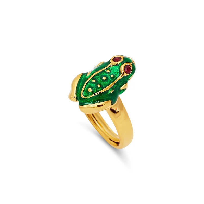 Ladies vintage wedding rings-Transparent Green & Gold Frog Ring