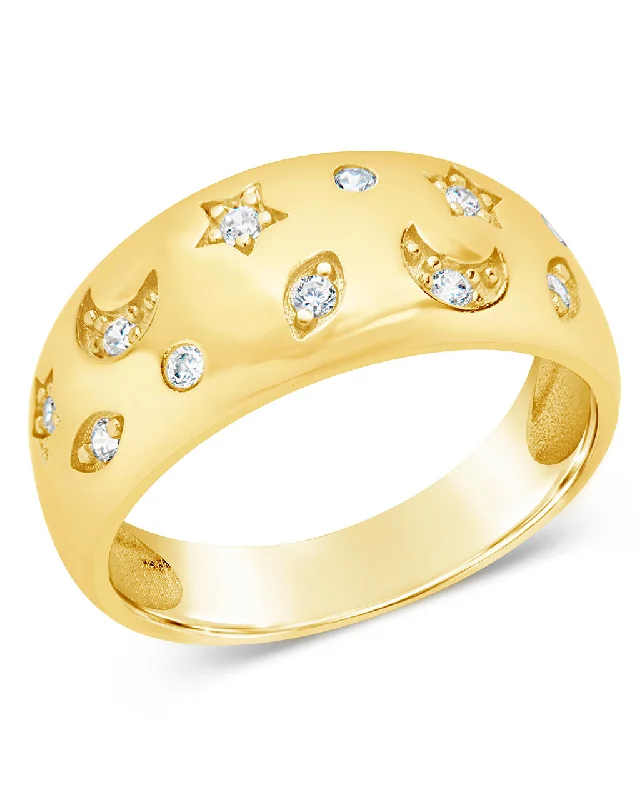 Ladies opal rings-CZ Star and Crescent Bezel Dome Band Ring