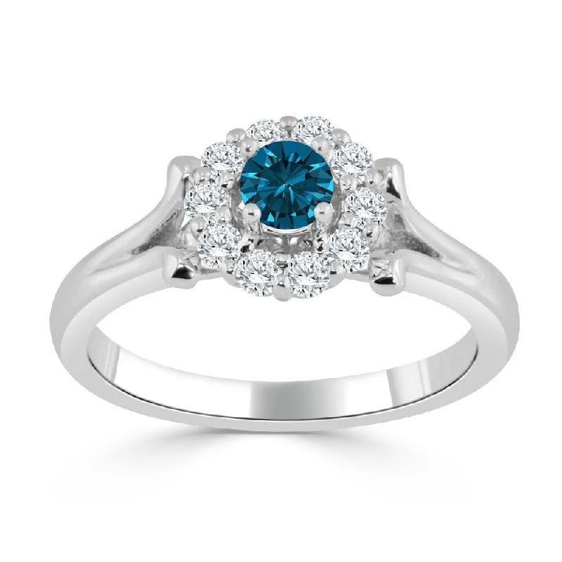 Ladies radiant cut engagement rings-Auriya Floral Inspired 1/2ctw Halo Blue Diamond Engagement Ring 14k Gold