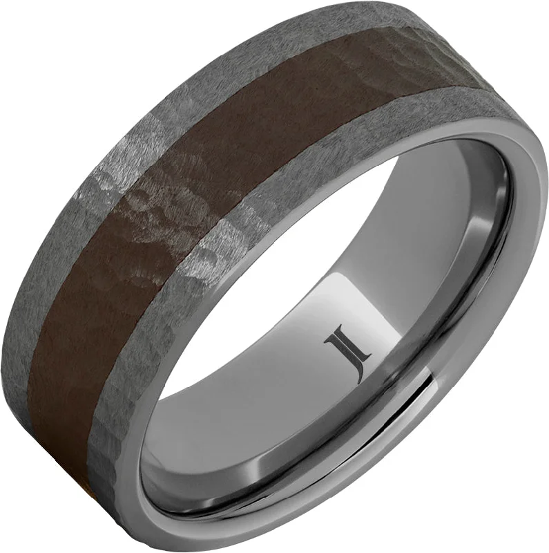 Ladies platinum diamond rings-Rugged Tungsten™ Ring With Brown Ceramic Inlay and Hammer Finish