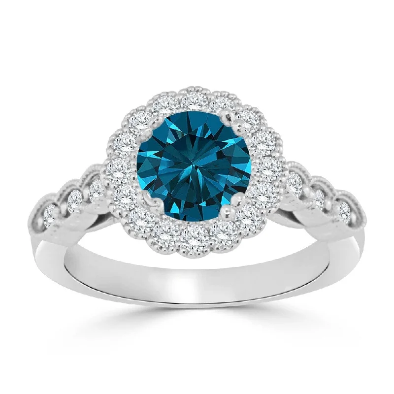 Ladies engagement rings with unique settings-Auriya 14k Gold Vintage Inspired 1 1/2ct TDW Round Blue Diamond Floral Halo Engagement Ring