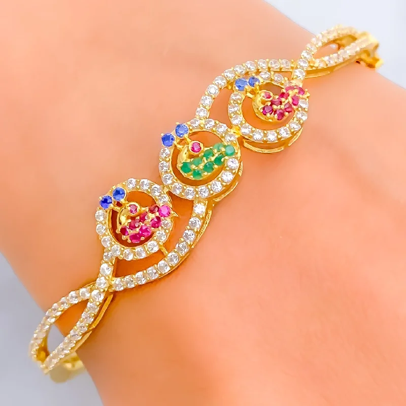 Ladies statement bracelets-Special Curved Peacock Trio 22k Gold CZ Bangle Bracelet