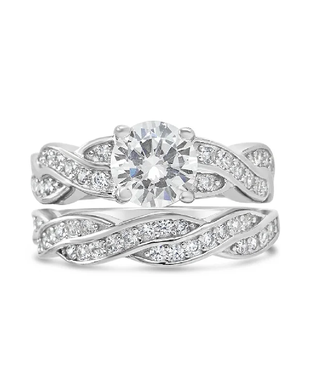 Ladies wedding rings-Sterling Silver Round CZ Ring with Twist Band