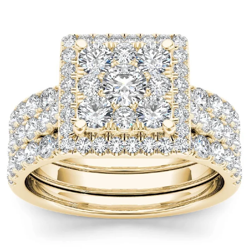 Ladies diamond engagement rings with side stones-De Couer 10k Yellow Gold 2ct TDW Diamond Cluster Engagement Ring Set with Two Band