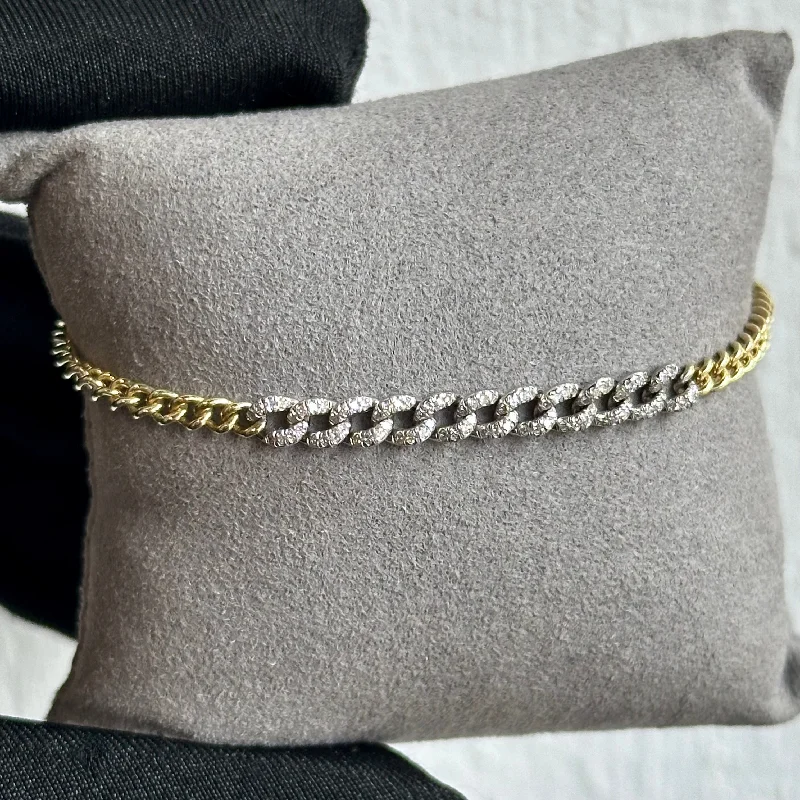 Ladies wedding bangles-Two-Tone 14KT Yellow & White Gold Dainty Diamond Cuban Link Bracelet