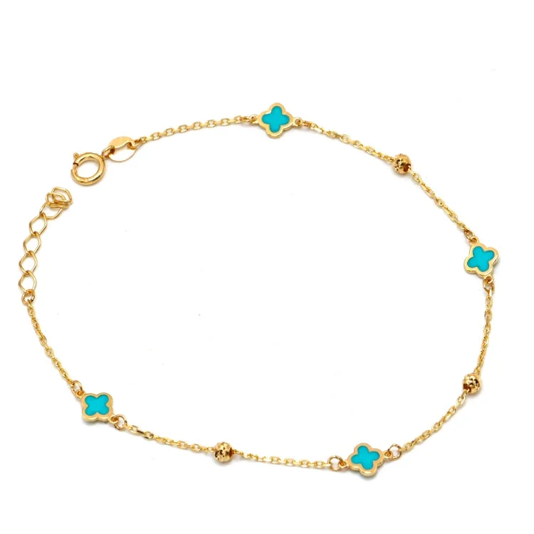 Ladies holiday bracelets-Real Gold 4 Turquoise Clover With Textured Balls GZJVN Bracelet LZM3/8280 (19 C.M) BR1780