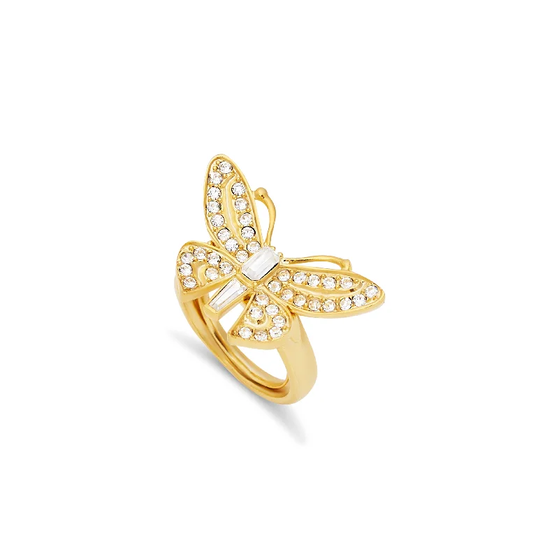 Ladies sterling silver engagement rings-Gold & Crystal Adjustable Butterfly Ring