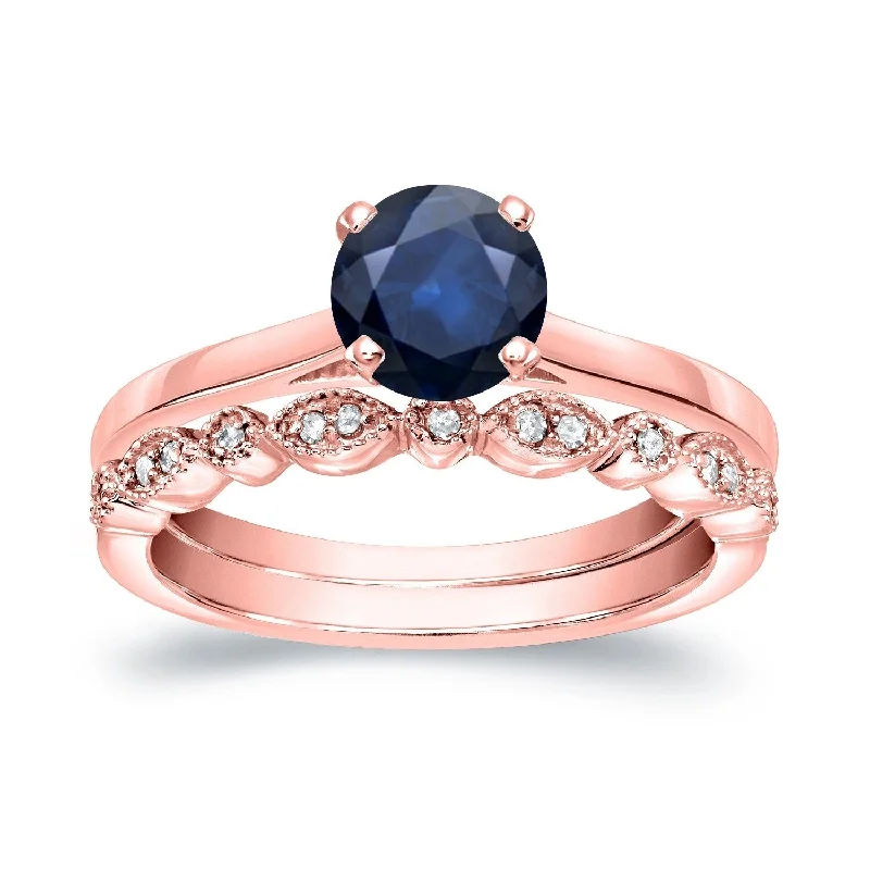 Ladies bespoke engagement rings-Auriya Vintage Stackable 3/5ct Sapphire Solitaire and 1/6ctw Diamond Engagement Ring Set 14k Gold