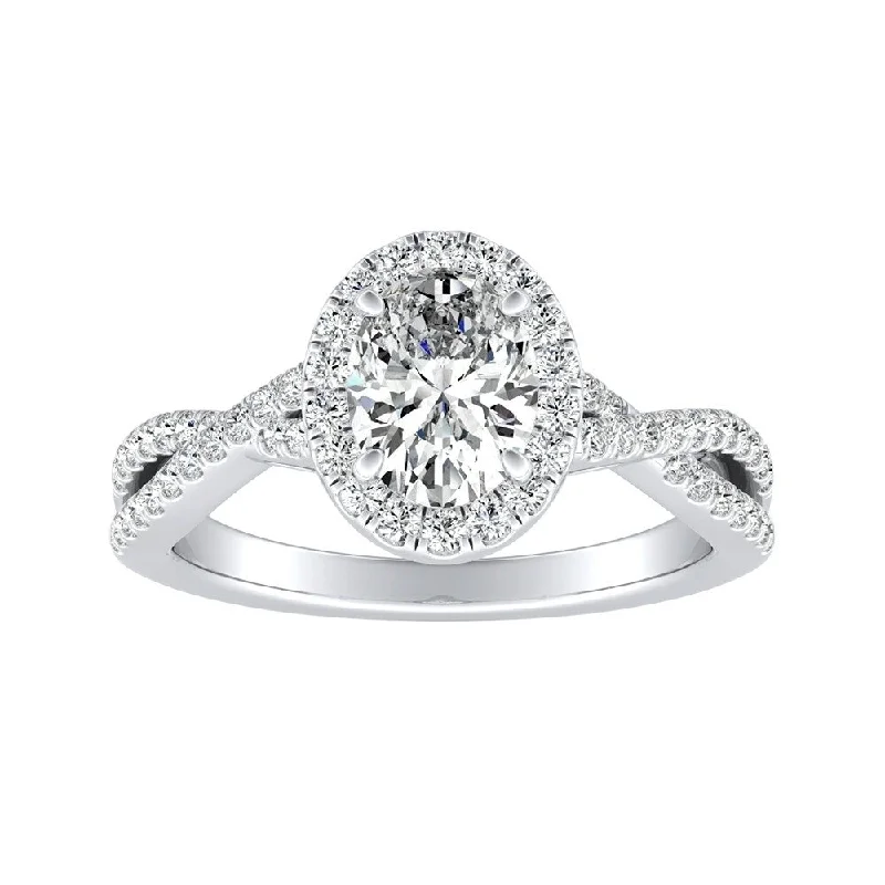 Ladies luxury engagement rings-Twisted Oval-cut 3/4ctw Halo Diamond Engagement Ring 18k Gold by Auriya (I-J, I1-I2)