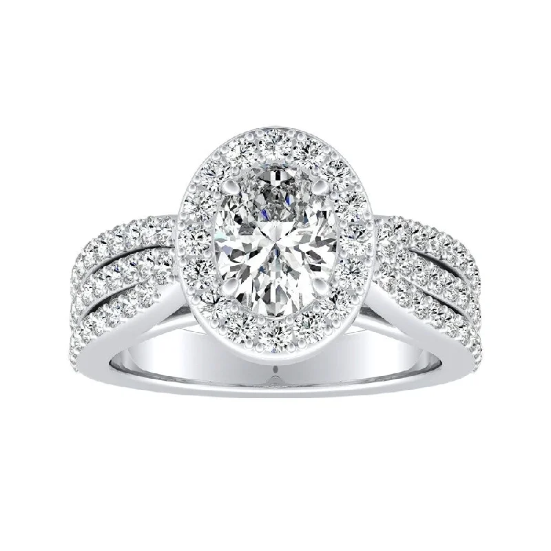 Ladies engagement rings with side stones-Triple Band Oval-cut Halo Diamond Engagement Ring 1 carat TW Platinum by Auriya