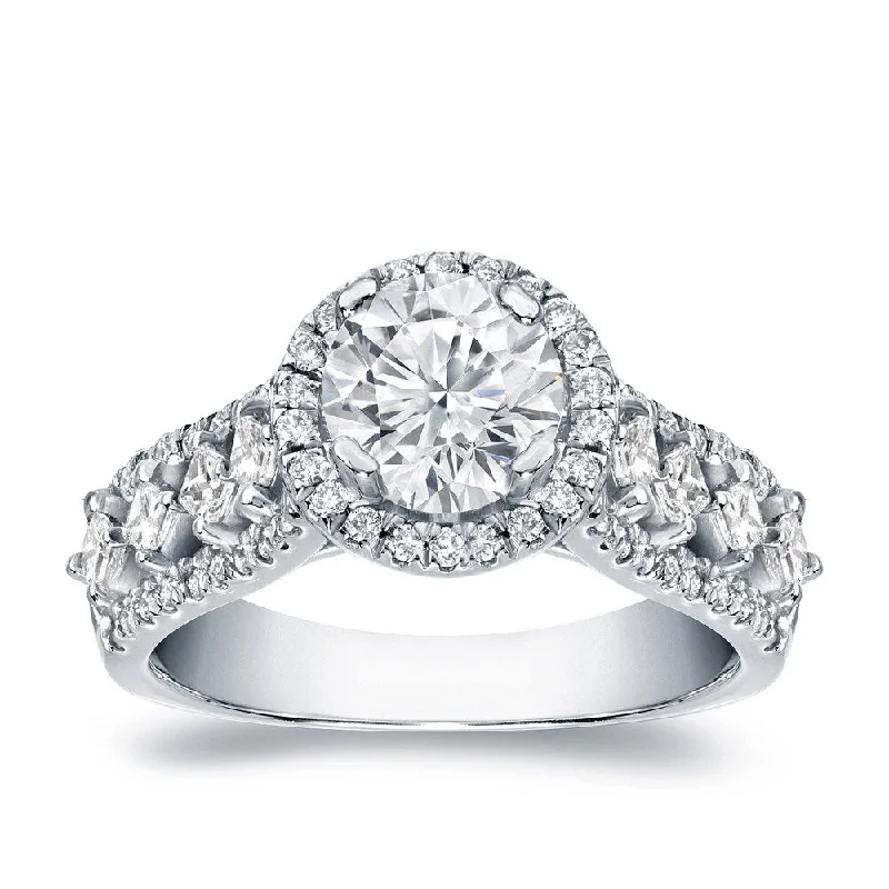 Ladies round diamond engagement rings-Auriya Unique 1 1/2ctw Round Halo Diamond Engagement Ring Platinum Certified (H-I, SI1-SI2)