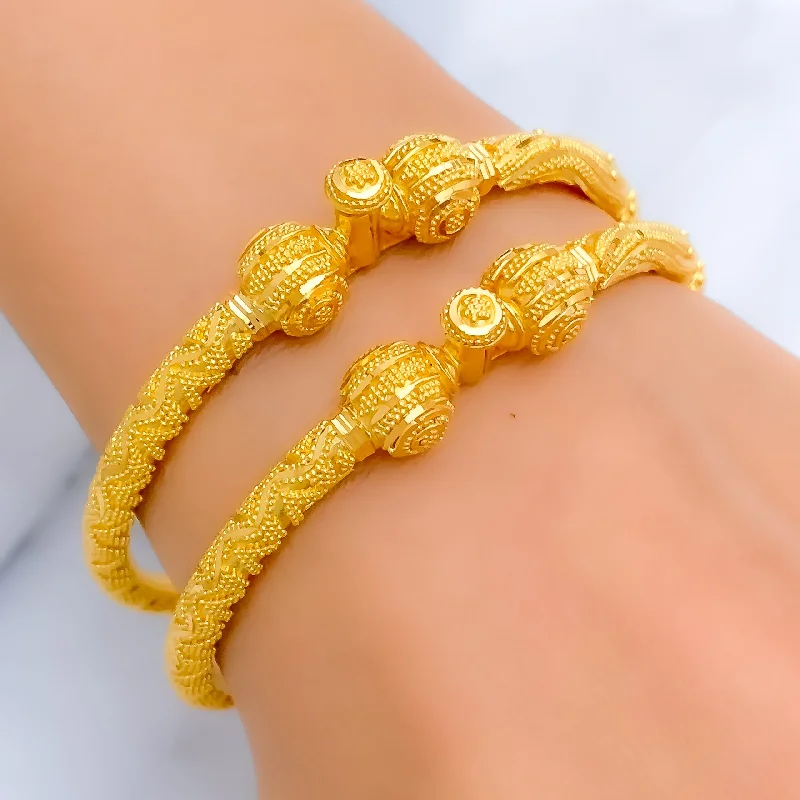 Ladies gold bracelets-Wavy Grandiose 22k Gold Pipe Bangles