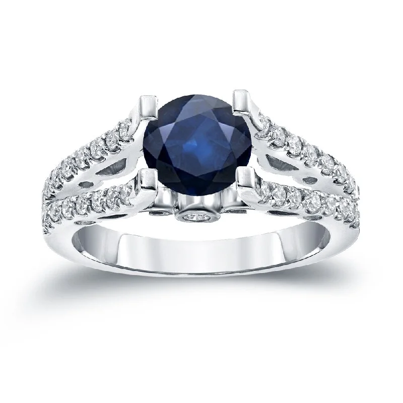 Ladies engraved engagement rings-Auriya Modern 1ct Round Blue Sapphire and 1/2ctw Diamond Engagement Ring 14K Gold (H-I, SI1-SI2)