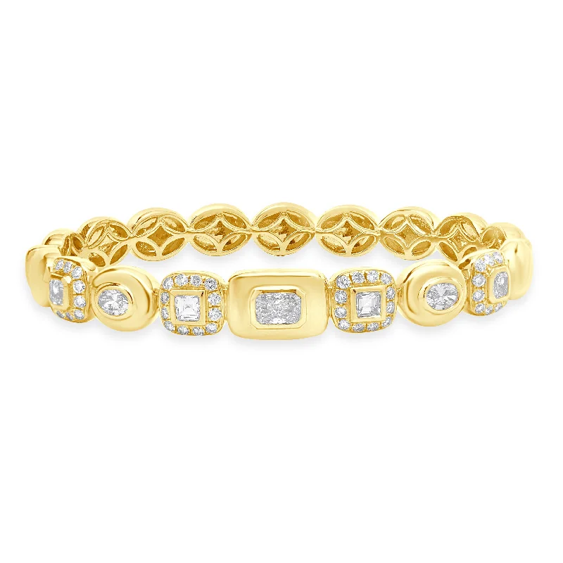 Ladies diamond cuff bracelets-18 Karat Yellow Gold Pave Diamond Multi Shape Diamond Bangle Bracelet