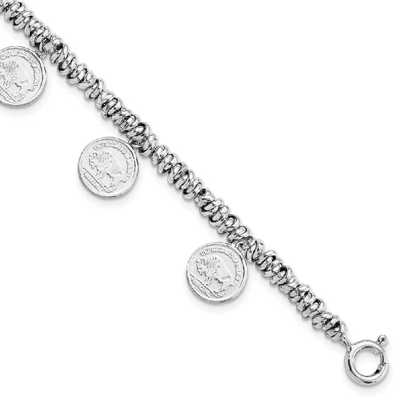 Ladies luxury charm bracelets-925 Sterling Silver Rhodium-plated Coin Charm Bracelet, 9.25" w/2in Extender