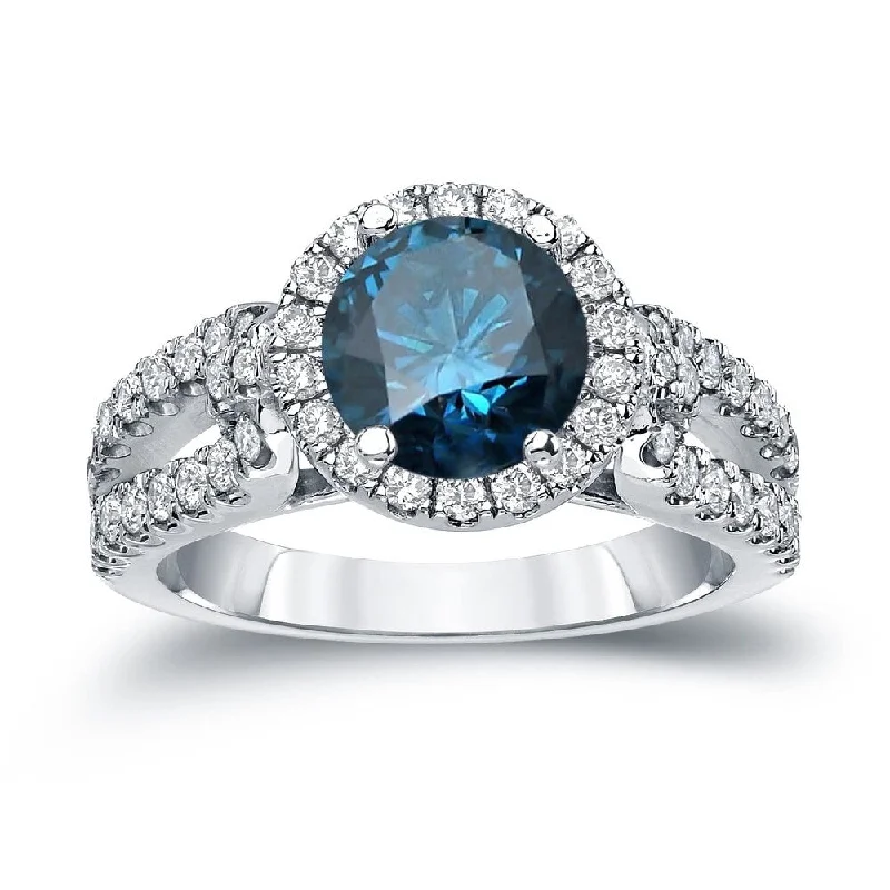 Ladies solitaire engagement rings-Auriya 1 1/2ctw Round Halo Blue Diamond Engagement Ring 14k Gold